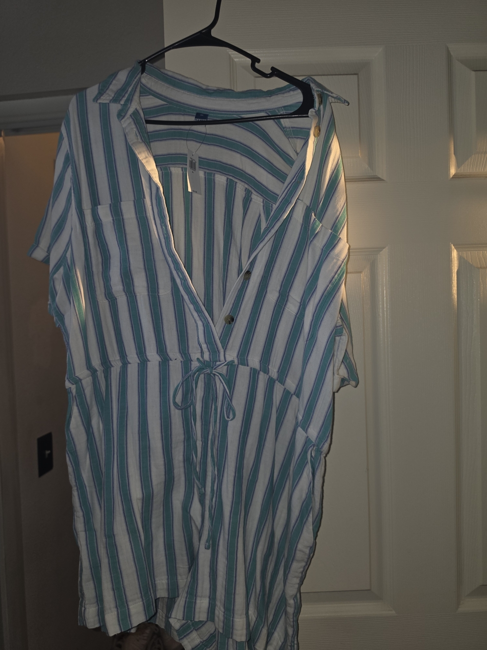 Striped Drawstring Romper in White and Teal